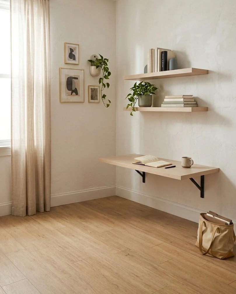 Guest room office combo with a floating desk and shelves clearing the floor