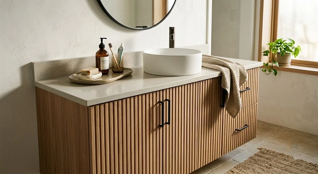 Fluted wood-look adhesive panels on flat rental vanity doors
