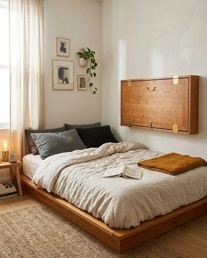 Fold-down desk mounted above a low platform bed in a studio-style spare room