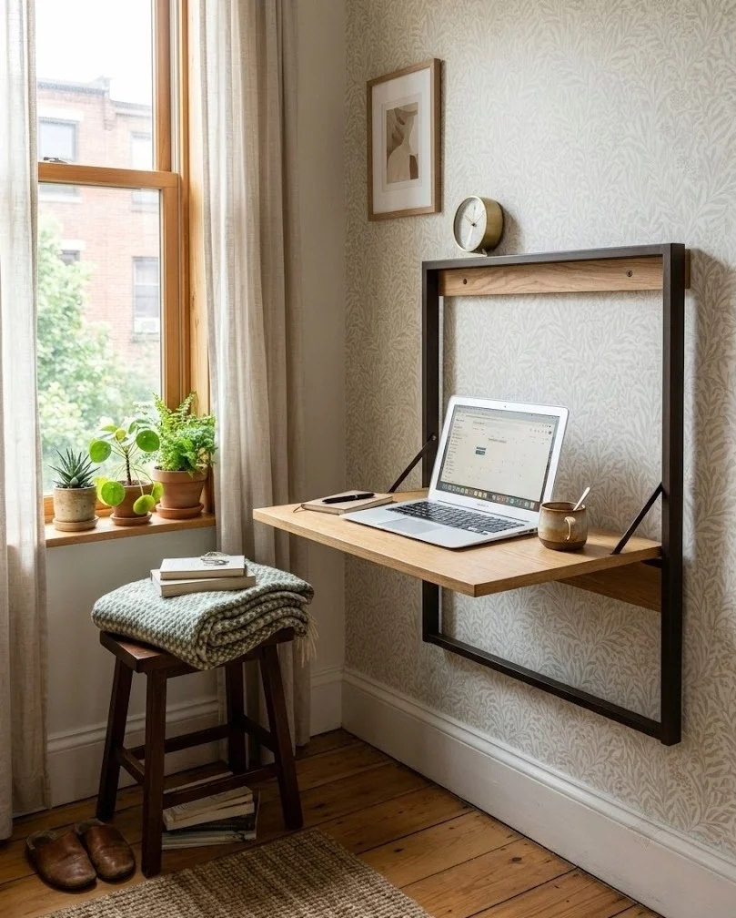 Renter-friendly fold-down wall desk open in a tight apartment corner