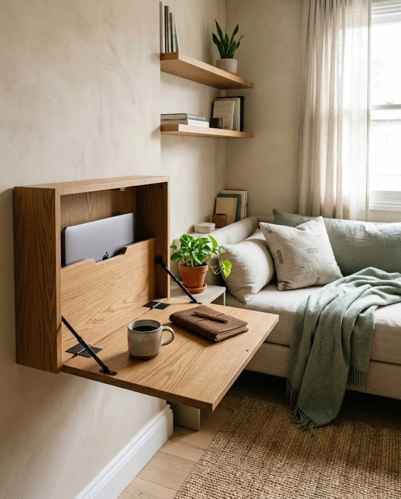 Guest room office combo with a fold-down wall desk beside a daybed