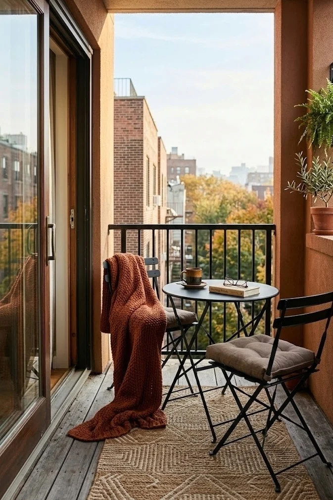 Apartment balcony fall decor with a folding bistro set and chunky knit throw