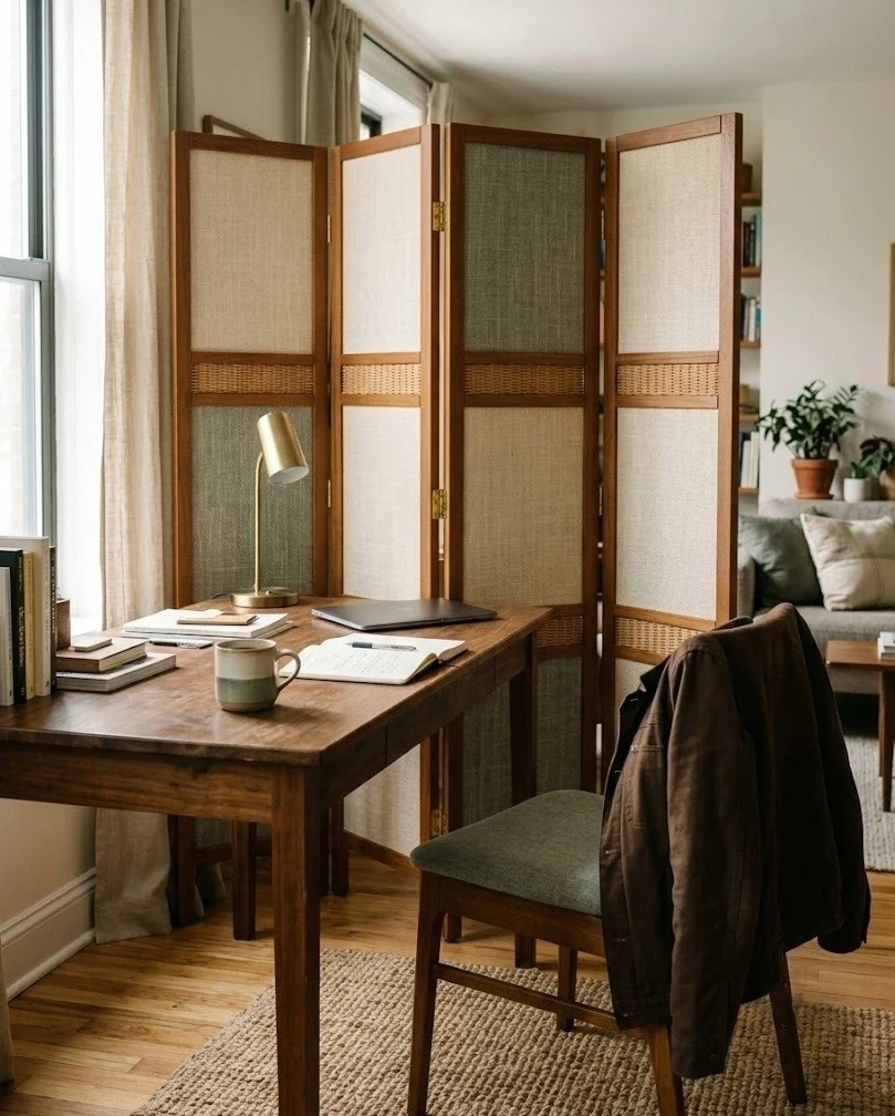 Folding screen hiding a rental desk during video calls