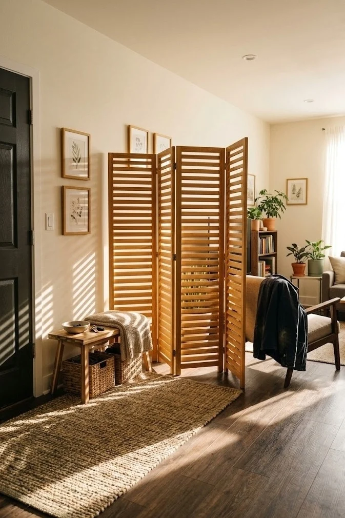 Freestanding folding screen carving out an entry in a studio apartment