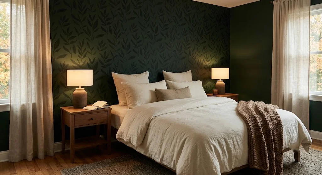 Forest green botanical peel-and-stick wallpaper on a rental bedroom headboard wall with cream linen bedding