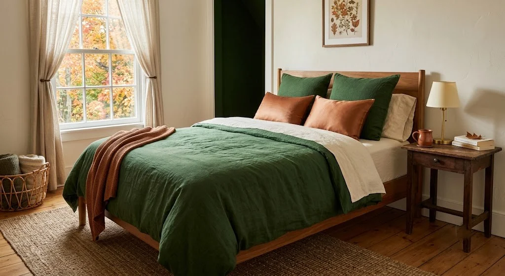 Forest green linen duvet with copper accent pillows and antique cream sheets in a cozy fall bedroom