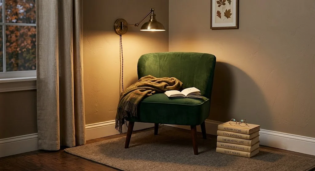 Forest green velvet reading nook with a mushroom rug and stacked books in a cozy fall bedroom corner