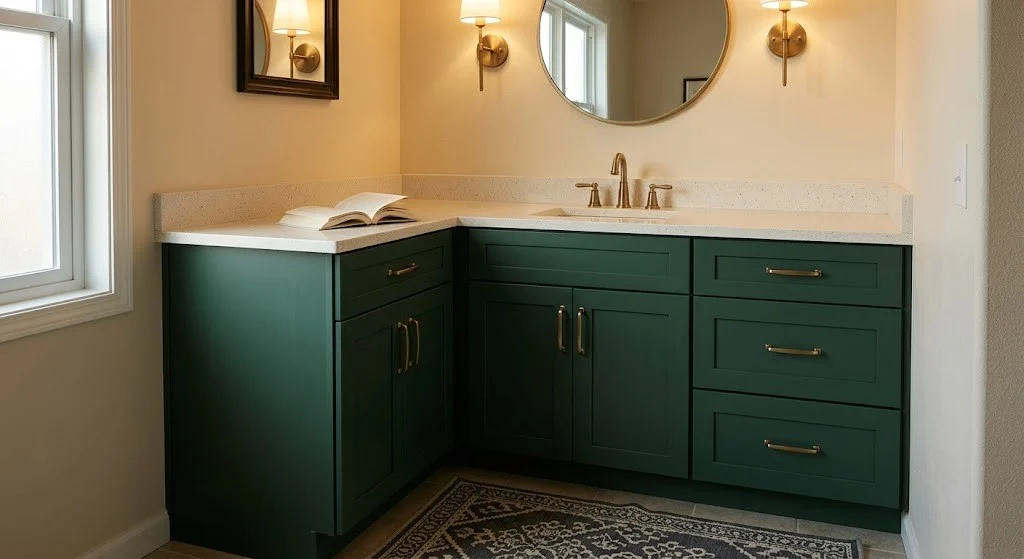 Forest green vinyl wrapped vanity doors with brass pulls in a rental bathroom