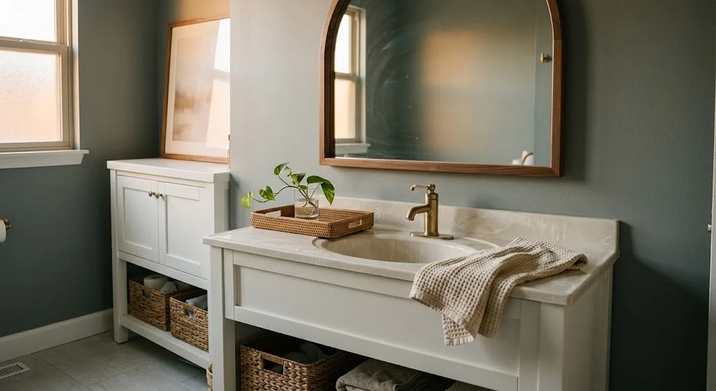 Framed arch mirror above a white rental bathroom vanity