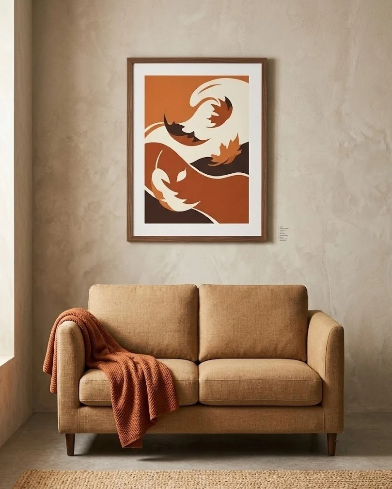 Cozy fall living room with one framed autumn print above the sofa in a small apartment
