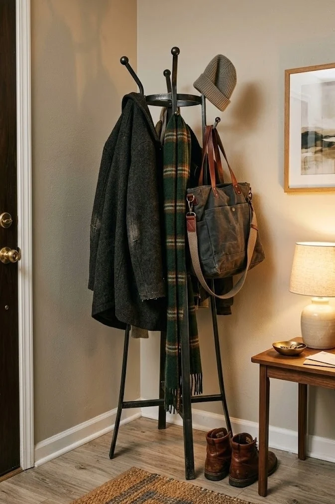 Freestanding coat rack holding heavy coats in a small apartment entryway with no closet