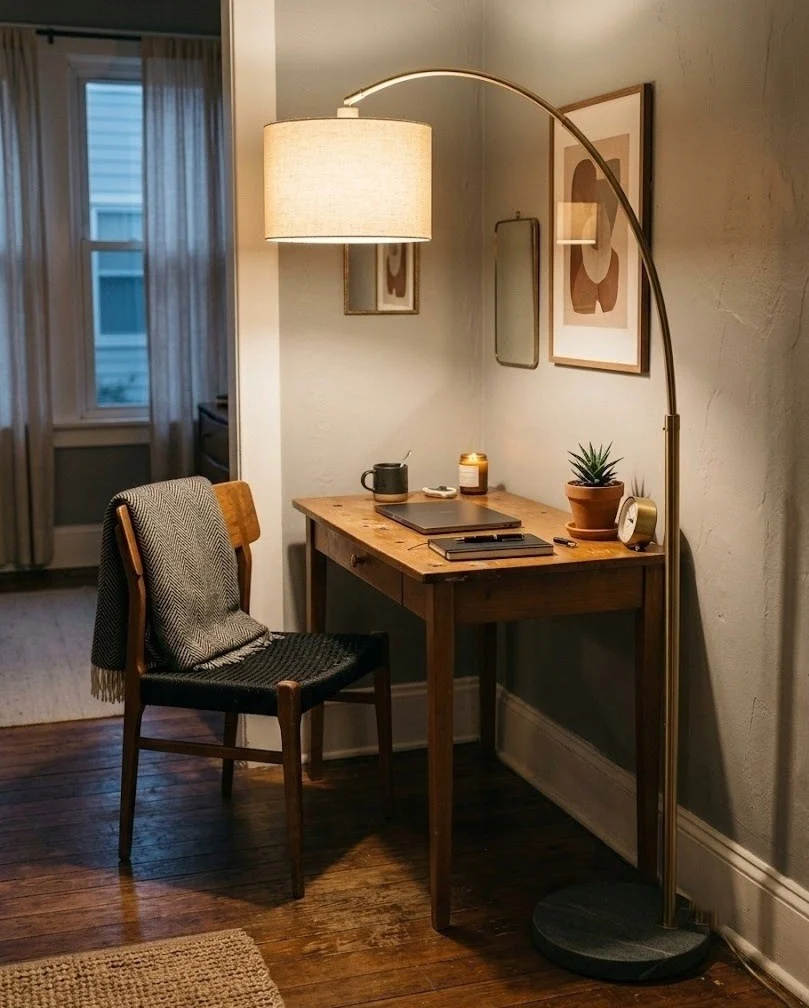 Freestanding floor lamp giving task light over a rental desk