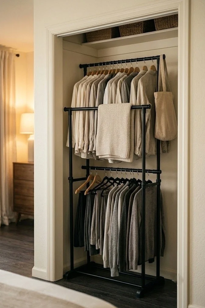 Freestanding two-tier garment rack standing inside a small renter closet for double hanging