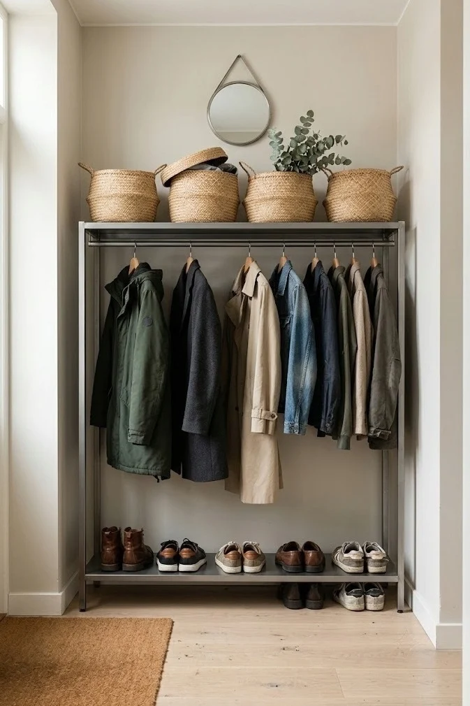 Freestanding garment rack used as an open wardrobe in a no-closet entry