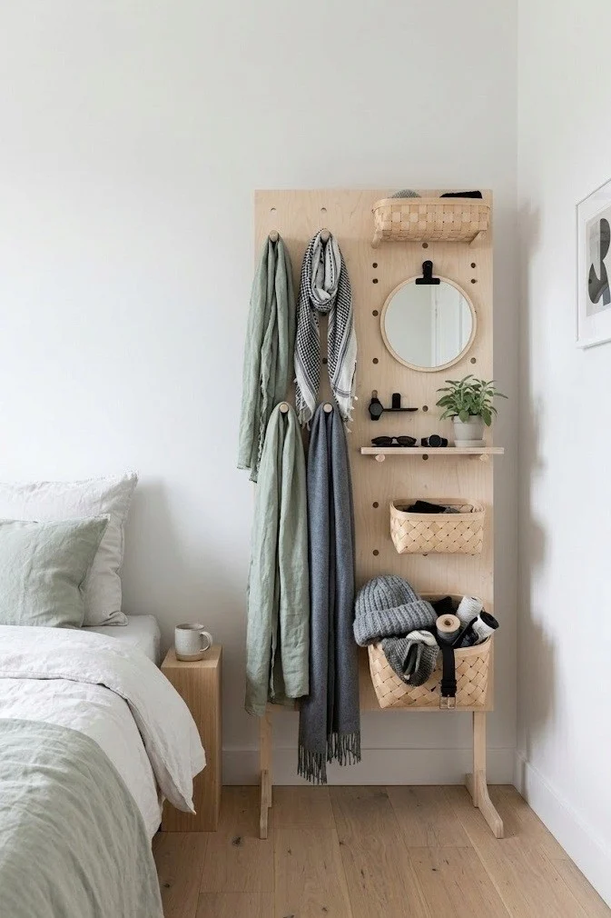 Freestanding pegboard with hooks and small shelves in a bedroom corner