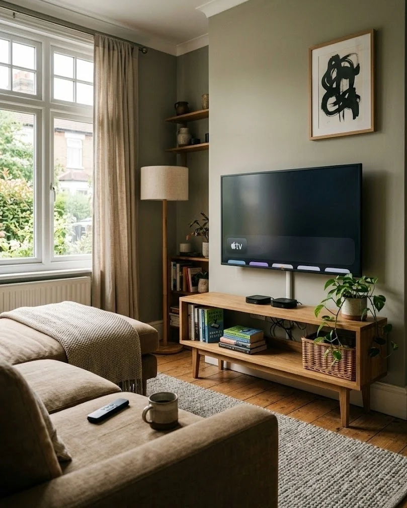 Small apartment living room with a slim freestanding TV console, no wall mount.