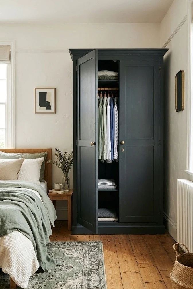 Charcoal freestanding wardrobe against a bedroom wall, a no-closet storage anchor