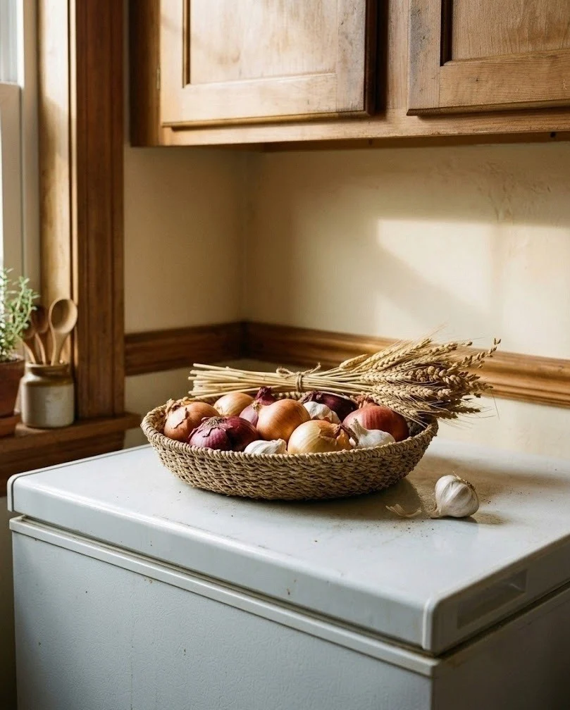 Woven basket of onions and garlic on top of a refrigerator