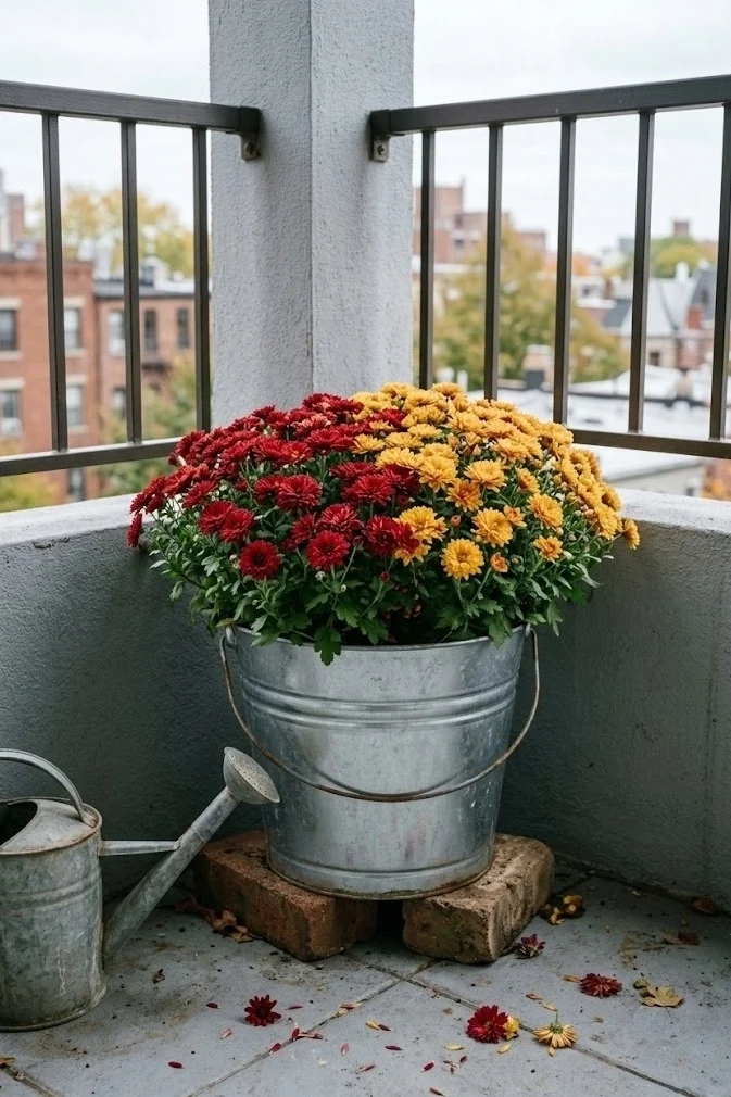Galvanized bucket packed with red and gold mums on a fall balcony floor