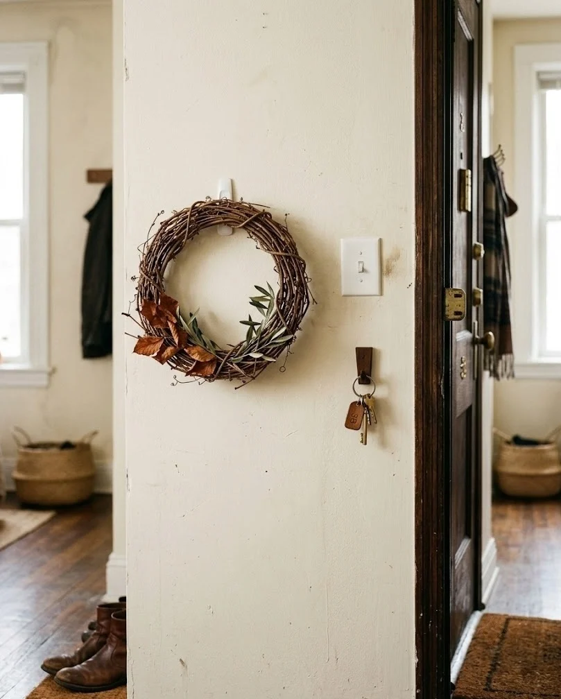 Mini grapevine wreath on an adhesive hook beside an apartment door