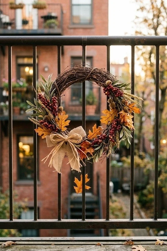 Grapevine fall wreath hung on an over-rail hook on an apartment balcony railing