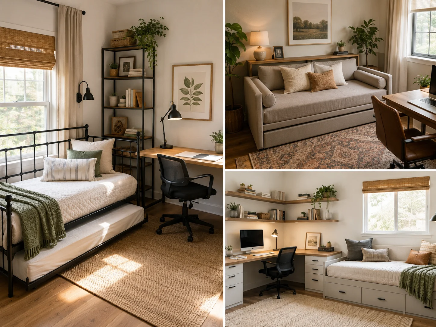 Guest room office combo with metal daybed under window and slim desk opposite