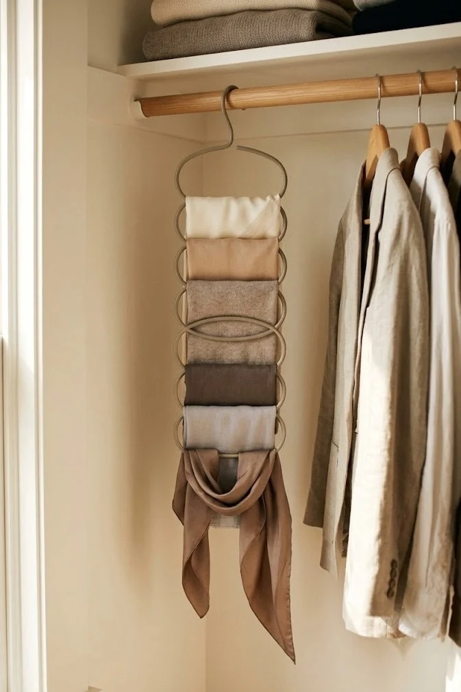 Hanger loop organizer holding scarves in one slot on a closet rod