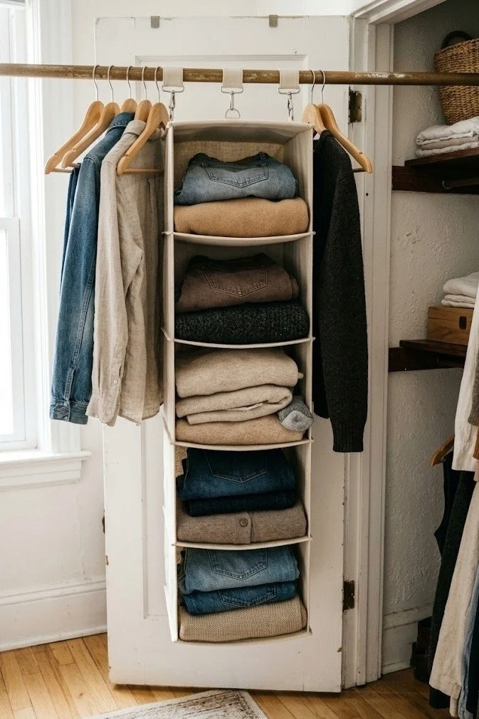Small closet organization with a hanging fabric cubby column holding folded clothes on the rod
