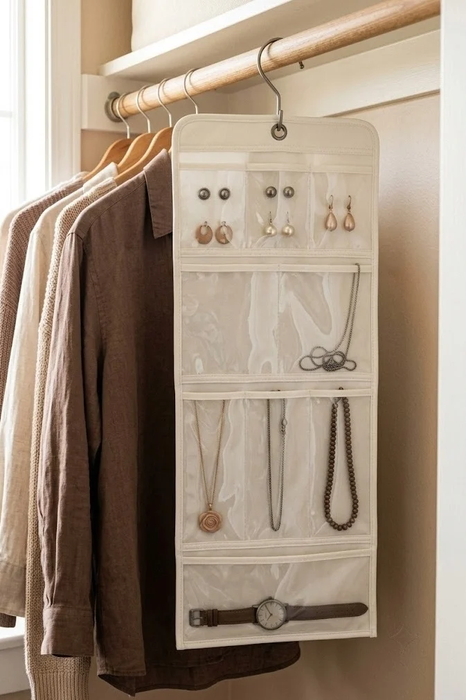 Hanging jewelry organizer with clear pockets on the end of a closet rod
