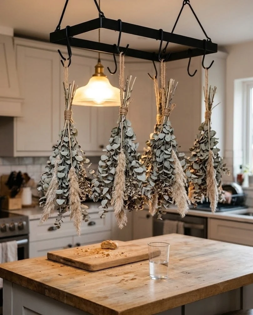 Eucalyptus and pampas bundles hung upside down from an iron rack above a kitchen island