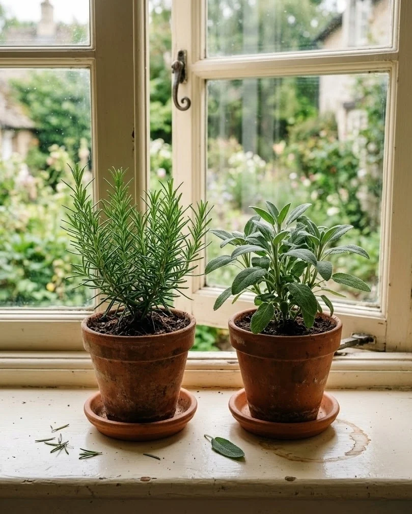 Rosemary and sage in terracotta pots on a small kitchen windowsill