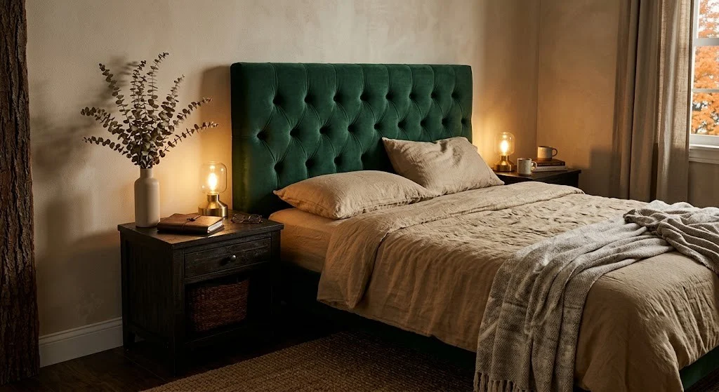 Hunter green velvet headboard with dark wood nightstands and dried eucalyptus in a moody fall bedroom