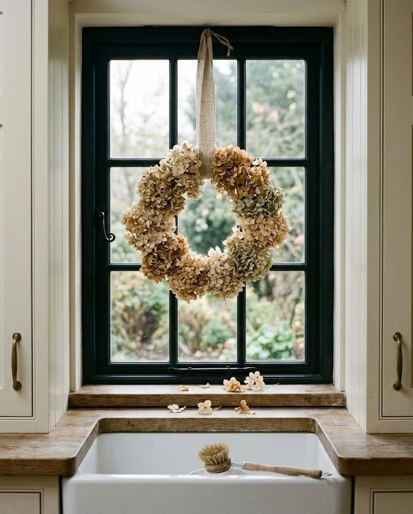 Dried hydrangea wreath in parchment tones hanging on a black-framed kitchen sink window
