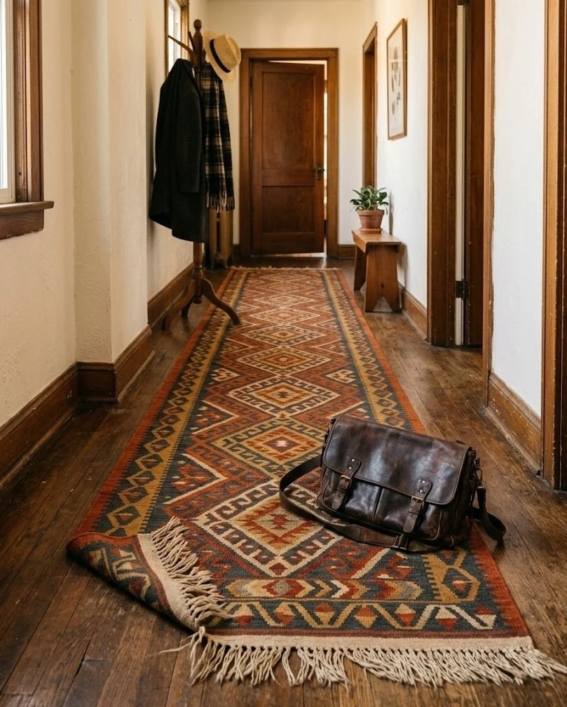 Burnt orange and charcoal kilim runner in a small apartment entry