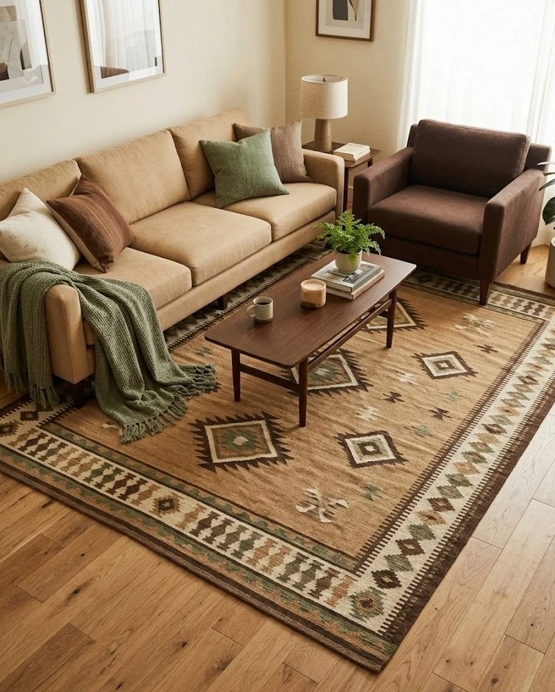 L-shaped sofa and side chair around a center area rug in a square living room.