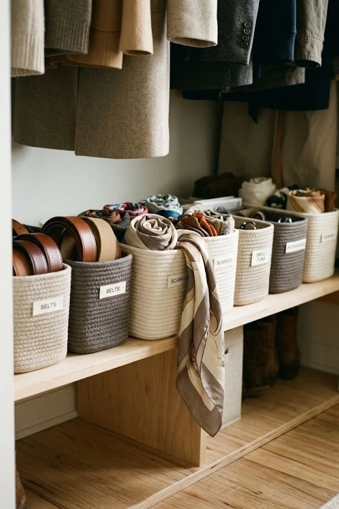 Labeled fabric baskets corralling loose accessories on a low closet shelf
