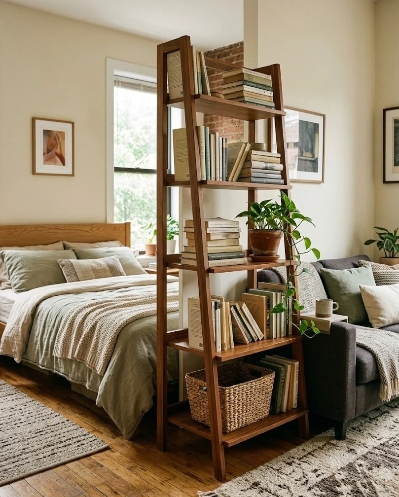 Freestanding ladder bookshelf dividing a studio between the bed and living area.
