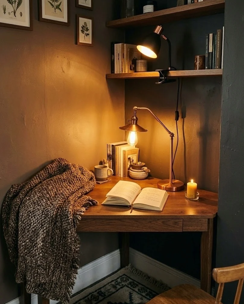 Small desk corner layered with three warm low light sources at different heights