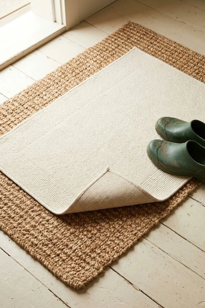 Cream doormat layered over a jute-look outdoor rug at a front porch door