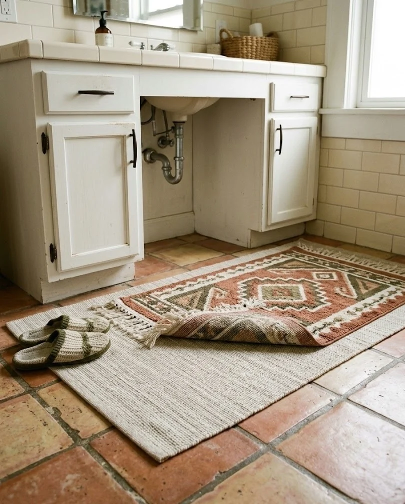 Two layered washable rugs covering dated tile floor in front of a bathroom vanity.