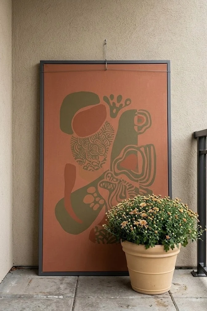 Lean-to outdoor fall art panel against a balcony back wall to hide concrete