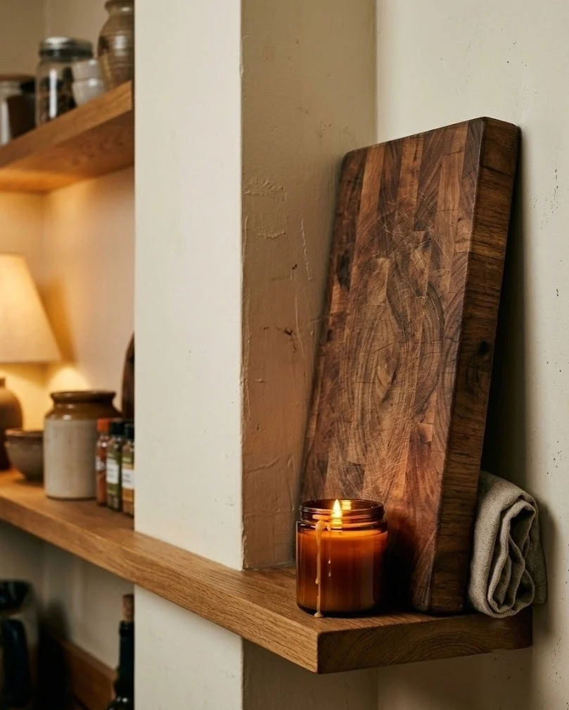 Leaning wooden board and amber candle on the end of an open kitchen shelf
