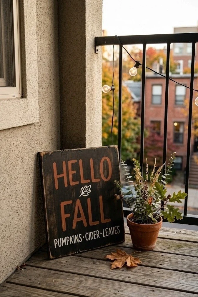 Leaning wooden fall sign propped in a cozy corner of a renter's balcony
