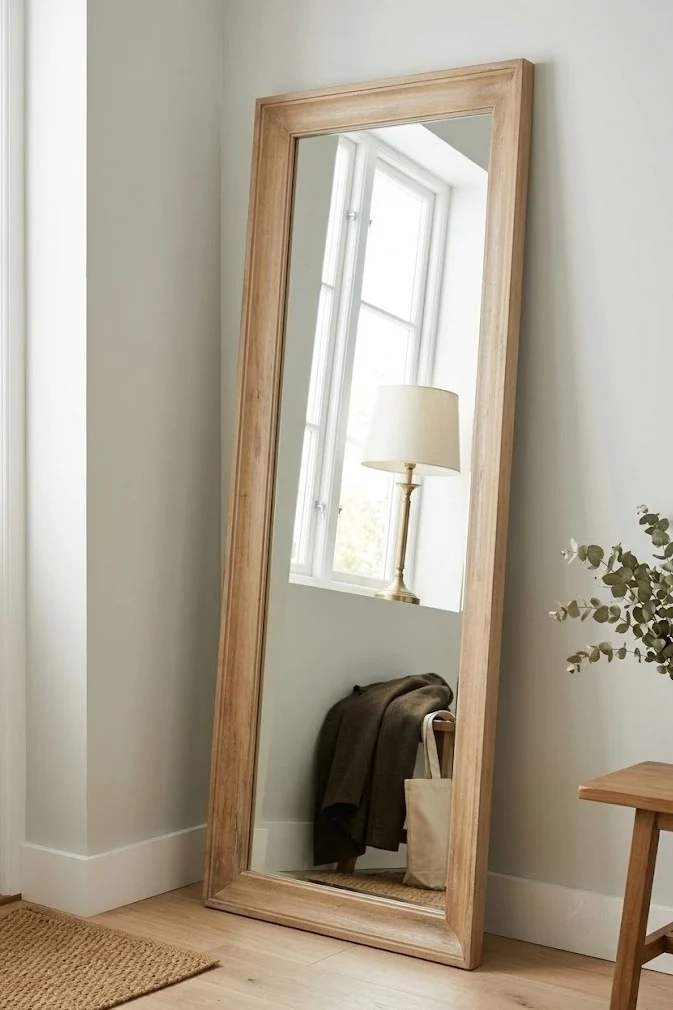 Leaning floor mirror as a small entryway idea for an apartment with no closet