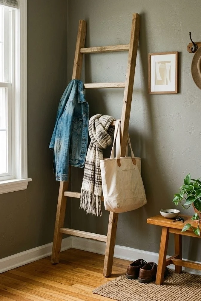 Leaning wooden ladder used as an open coat and scarf rack in a small entry