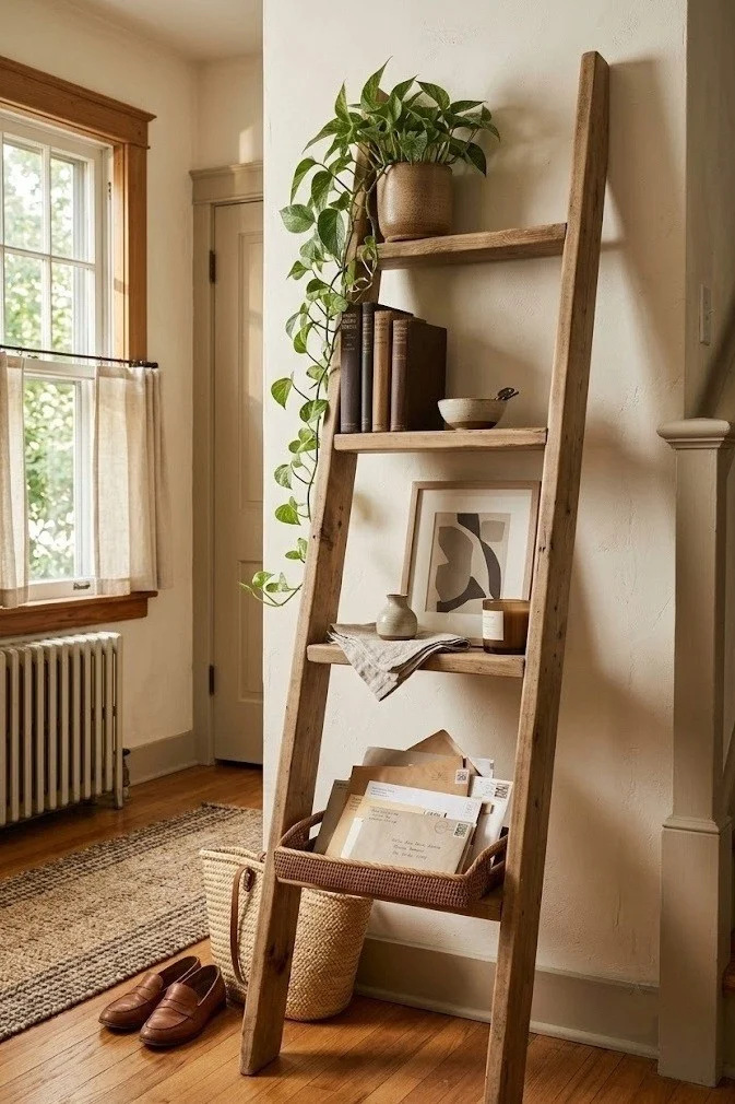 Leaning ladder shelf with a mail tray against a bare entryway wall