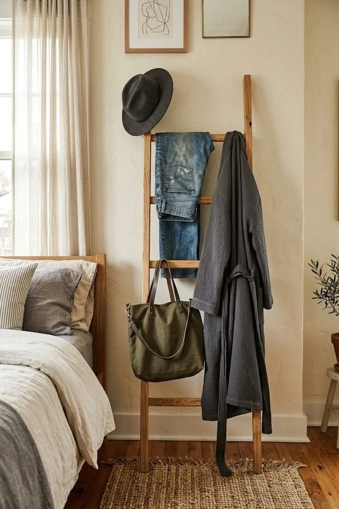 Leaning ladder rack holding daily clothes against a bedroom wall
