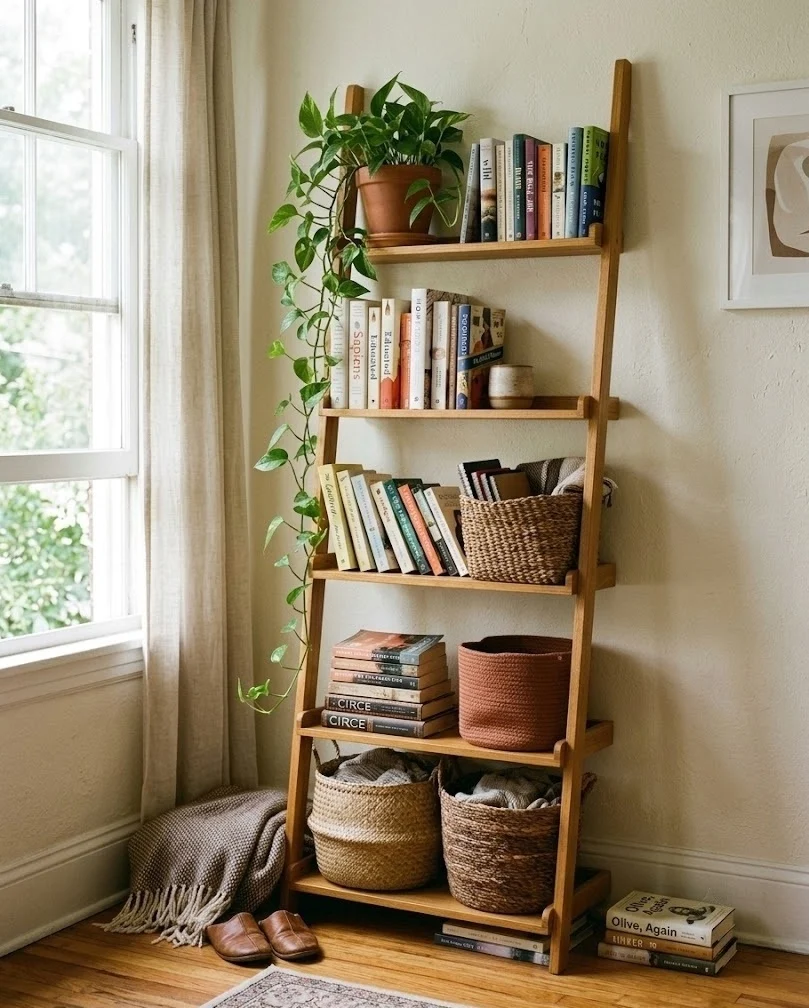 Leaning ladder shelf storing books and plants in a rental office