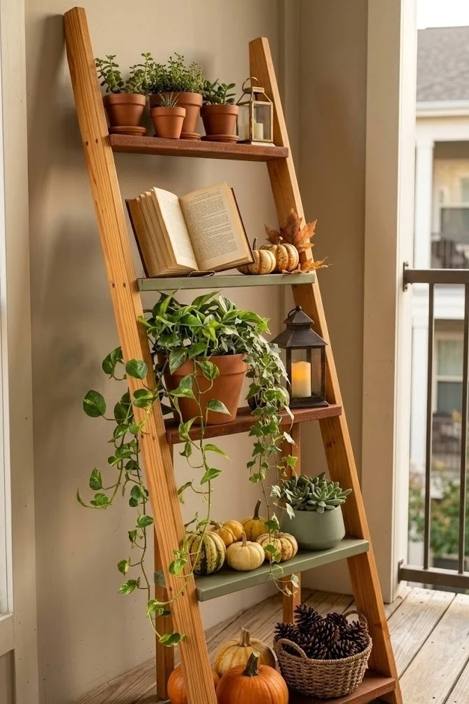 Apartment balcony fall decor on a free-standing leaning ladder shelf