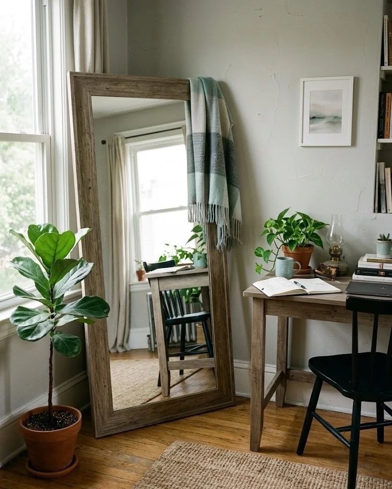 Leaning full-length mirror bouncing light into a small rental office